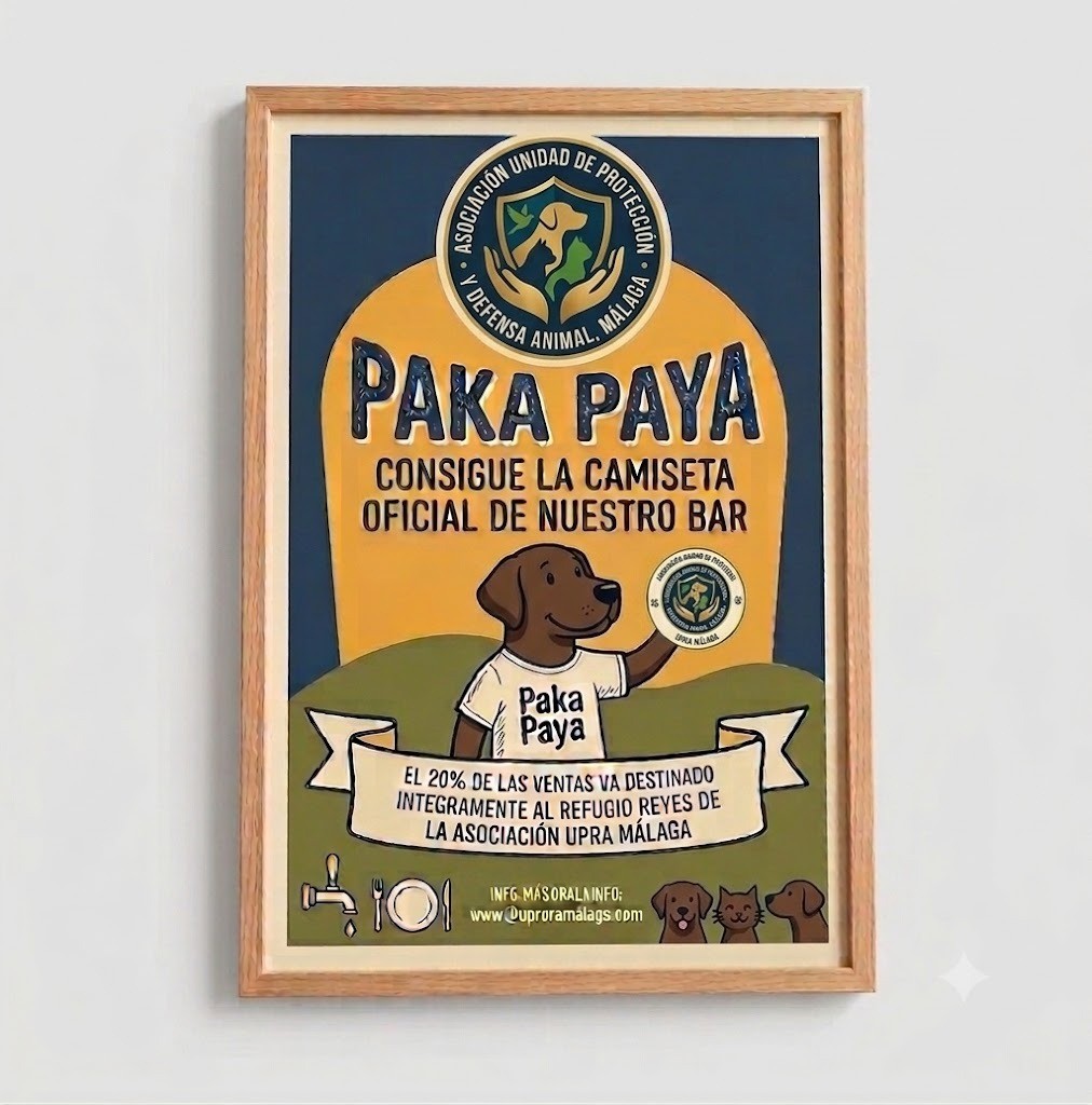 Cartel de la camiseta oficial de PakáPayá: el 20% de las ventas va destinado íntegramente al Refugio Reyes de la Asociación UPRA Málaga